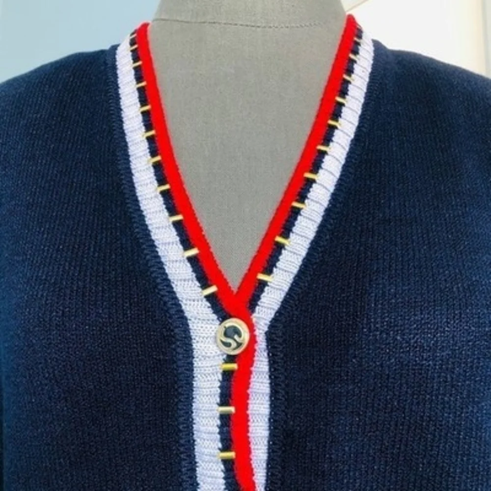 St John Knit Jacket Cardigan S M Vintage Button Front Blue Red White Luxury USA